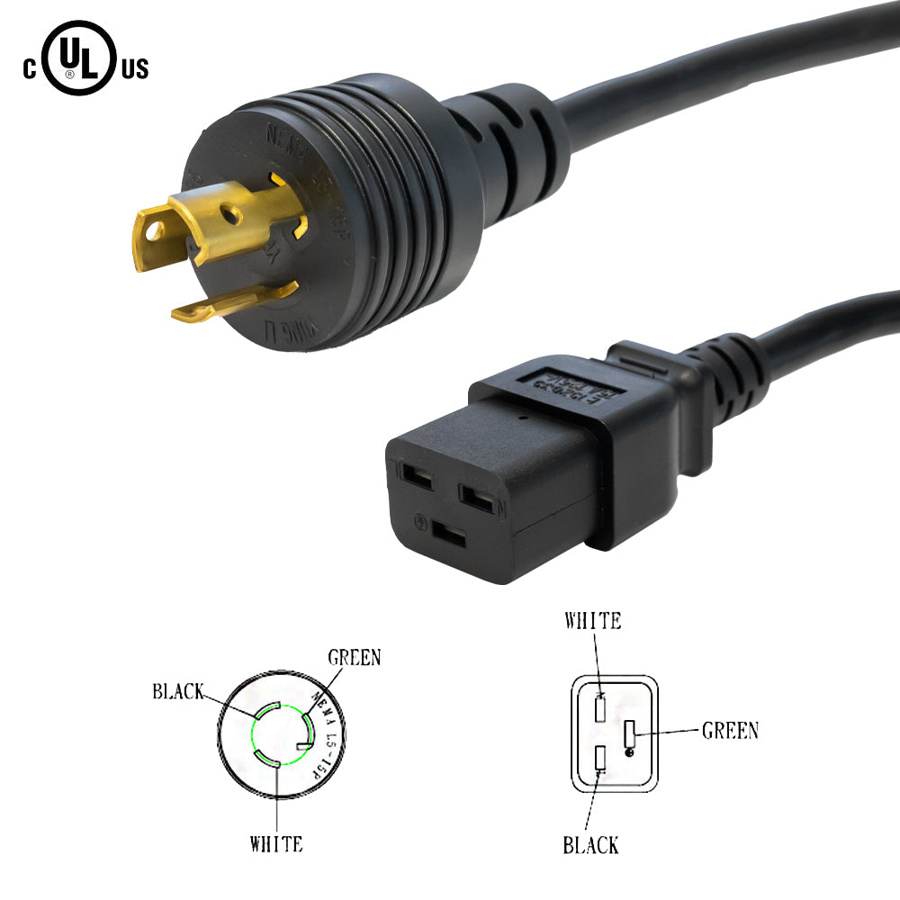 NEMA L5-15P to IEC C19 Power Cable - 14AWG - SJT Jacket (125V 15A)