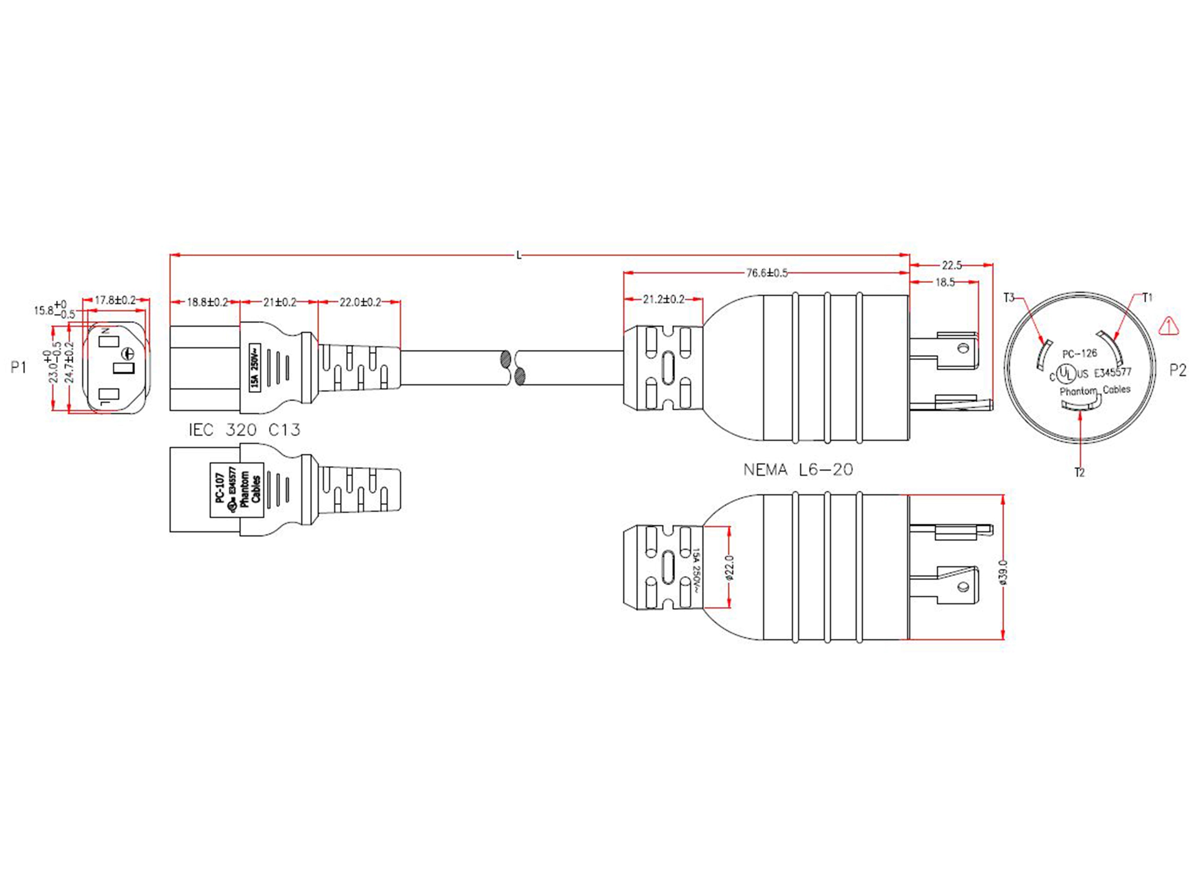 NEMA L6-20P to IEC C13 Power Cable - 14AWG (15A 250V) - SJT Jacket