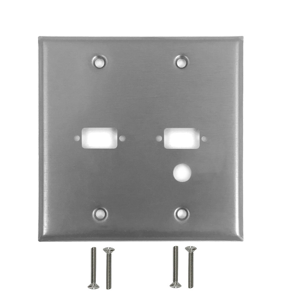 Double Gang - 2x ICDB Cutout - 1x 3/8 inch Hole - Stainless Steel Wall Plate