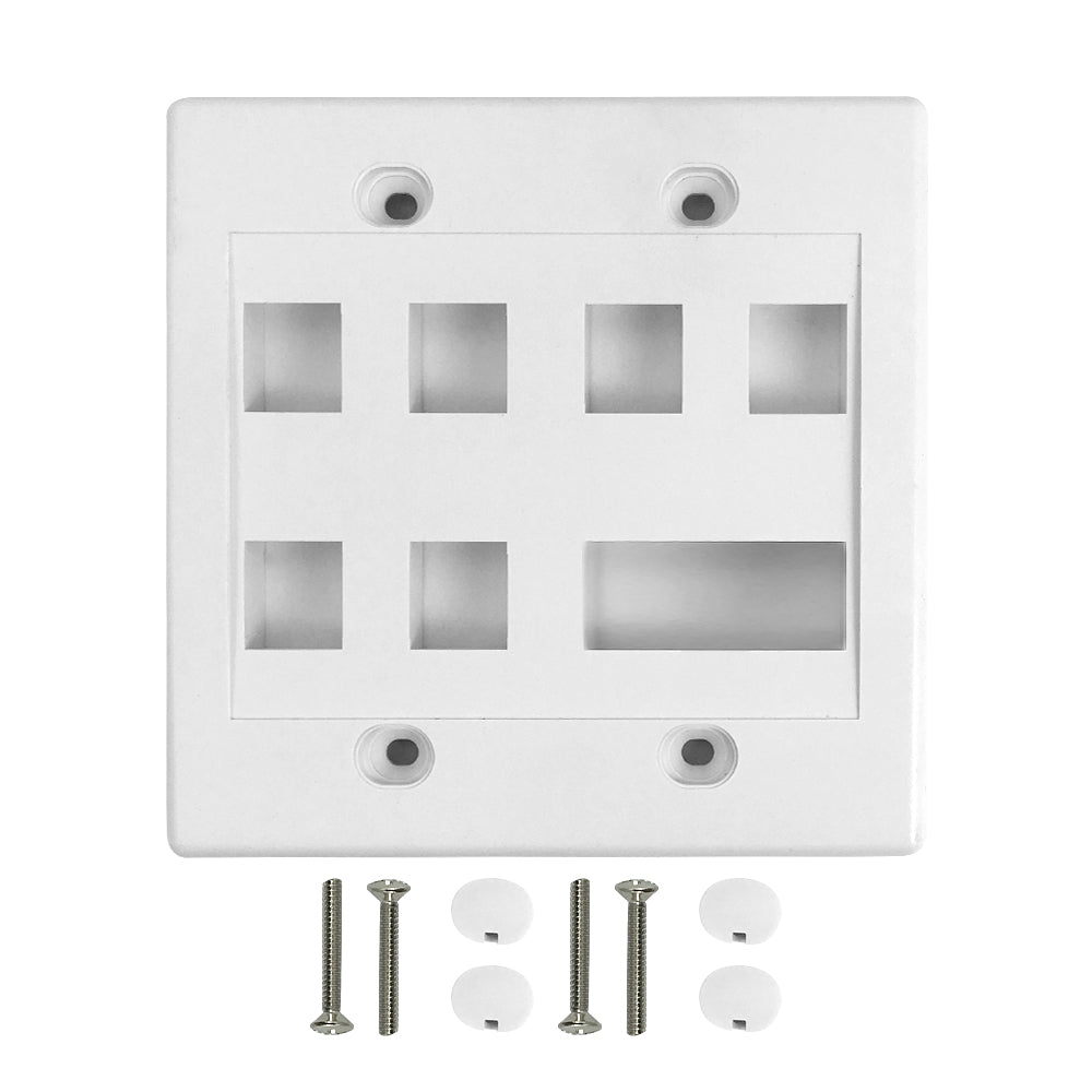 Wall Plate, 6-Port Keystone + 1-Port Dual Keystone, Double Gang - White