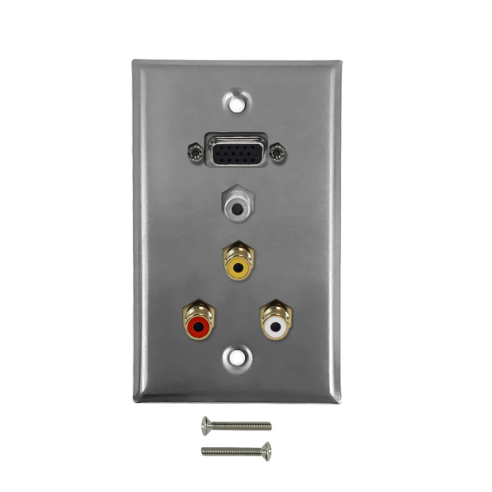 VGA, 3.5mm, RCA Composite + Left/Right Audio Single Gang Wall Plate Kit - Stainless Steel