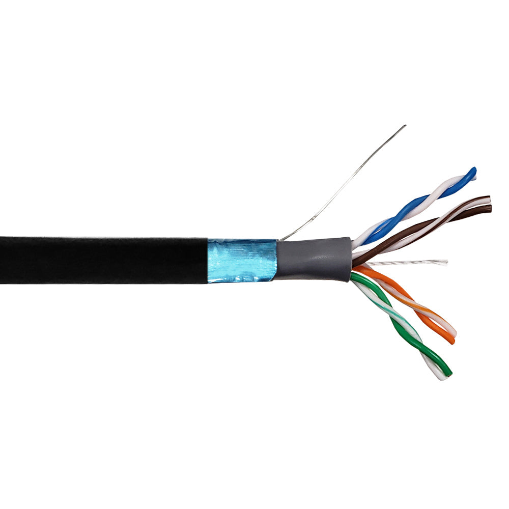 100ft 4 Pair CAT5E 350Mhz Shielded F/UTP Solid UV / Direct Burial Bulk Cable - Black