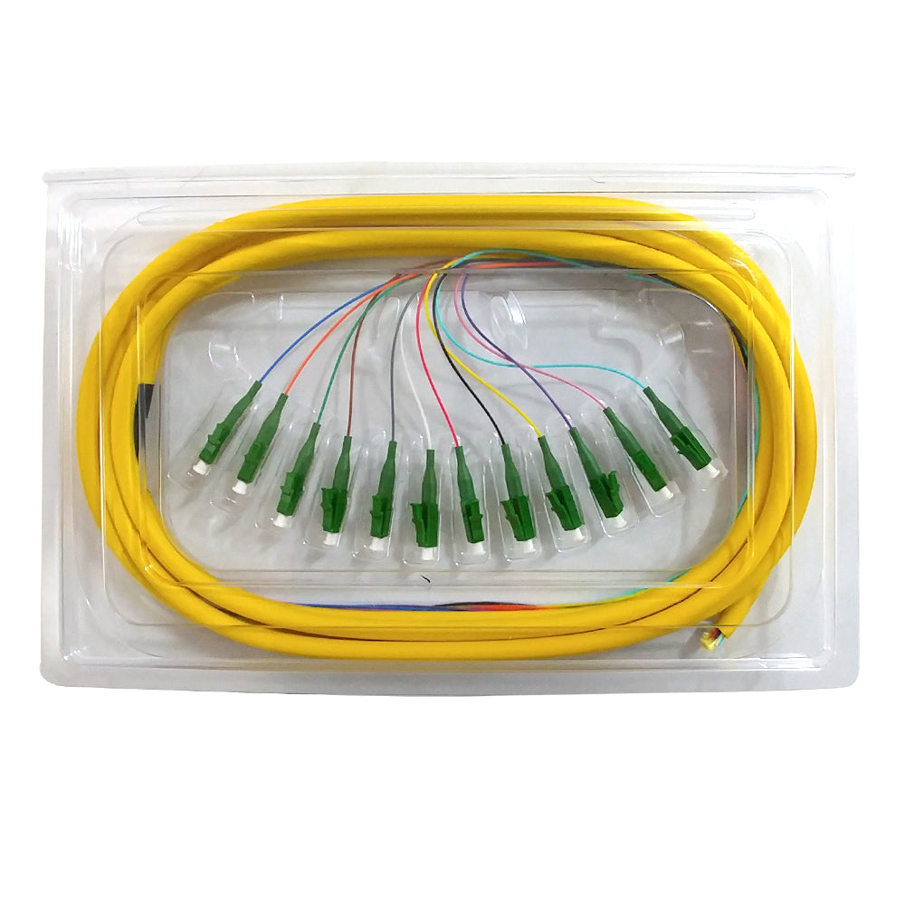 3m LC/APC 12-Fiber OS2 Singlemode Simplex 9 micron - 900um Jacketed Pigtail - 19inch Fan-Out - OFNR