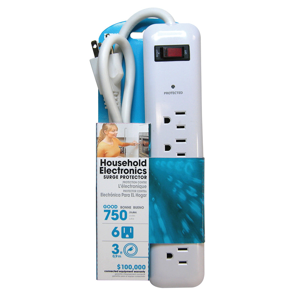 6 outlet Surge Protector - 750J, 3ft Cord - White
