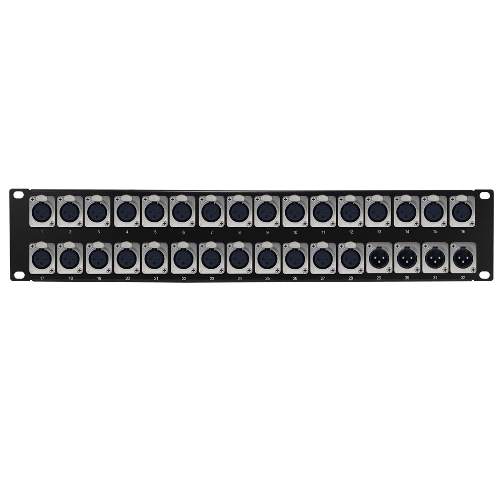 28-Port XLR Female + 4-port XLR Male patch panel, 19 inch rackmount 2U