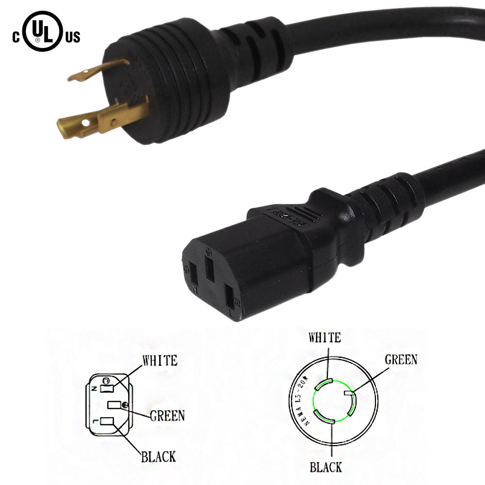 NEMA L5-20P to IEC C13 Power Cable - 14AWG - SJT Jacket