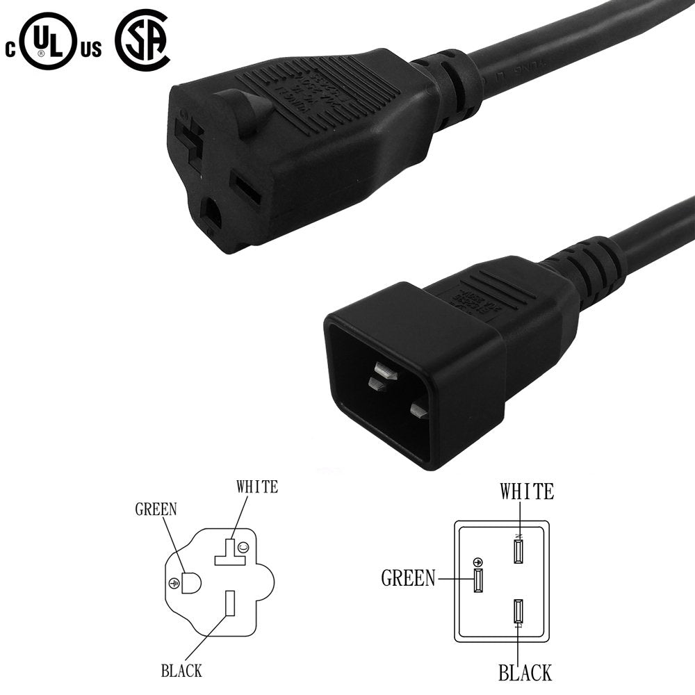1ft IEC C20 to NEMA 6-15/20R Power Cable - 12AWG - SJT Jacket
