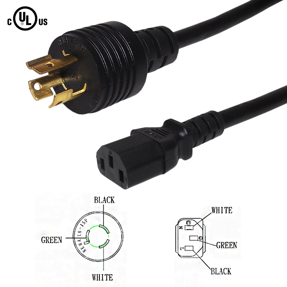 10ft NEMA L6-15P to IEC C13 Power Cable - 14AWG - SJT Jacket