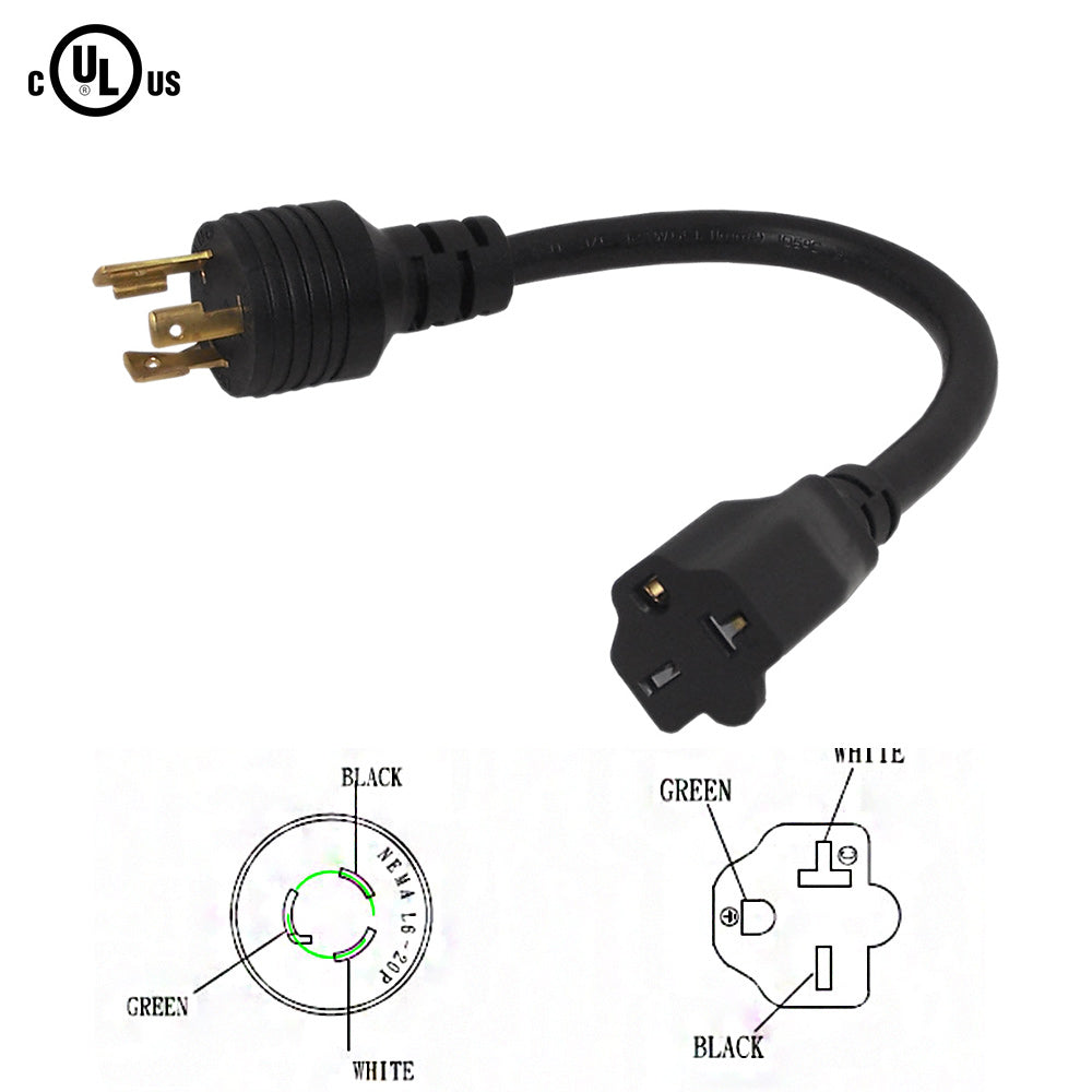 1ft NEMA L6-20P to NEMA 6-20R Power Cable - 12AWG - SJT Jacket (20A 250V)