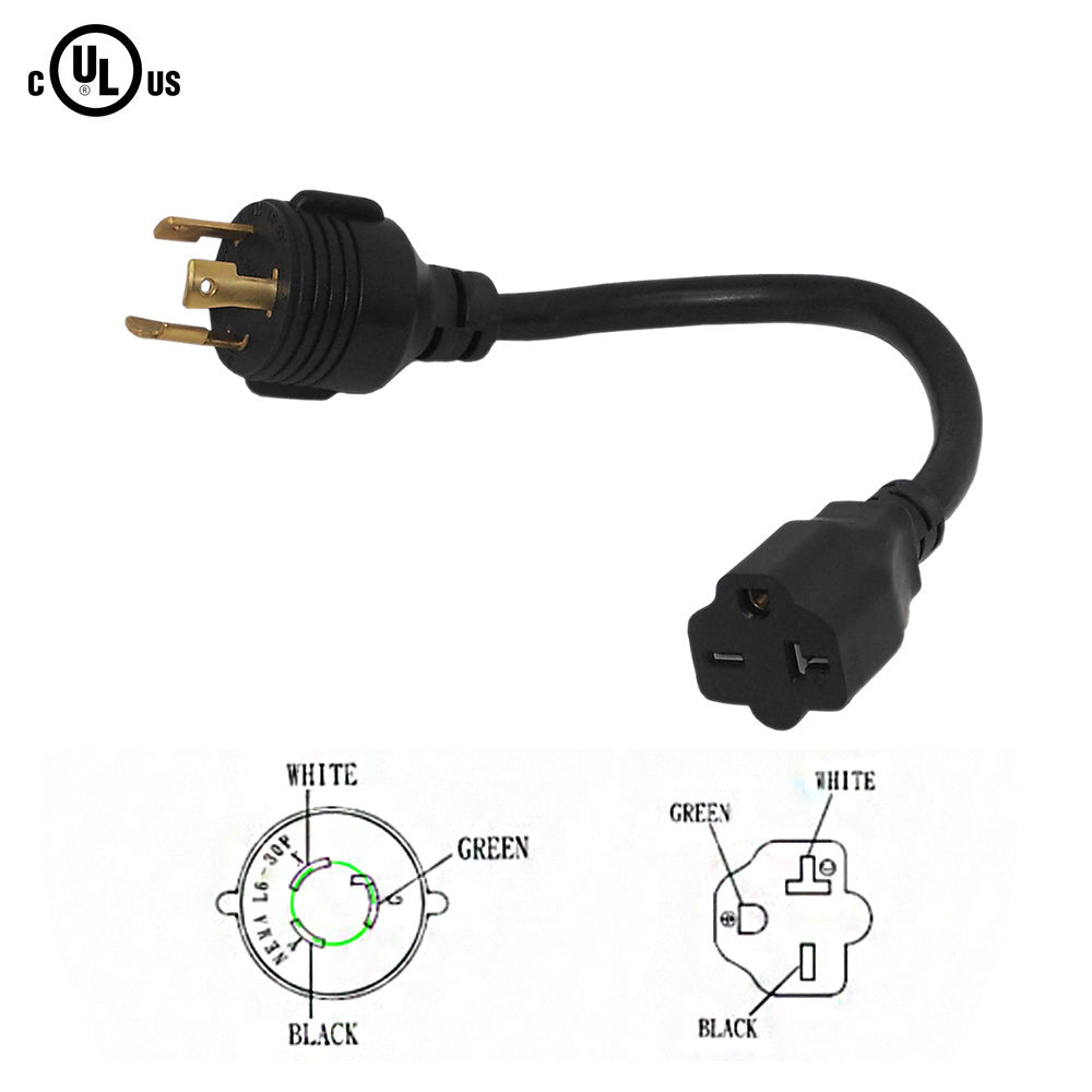 1ft NEMA L6-30P to NEMA 6-20R Power Cable - 12AWG - SJT Jacket