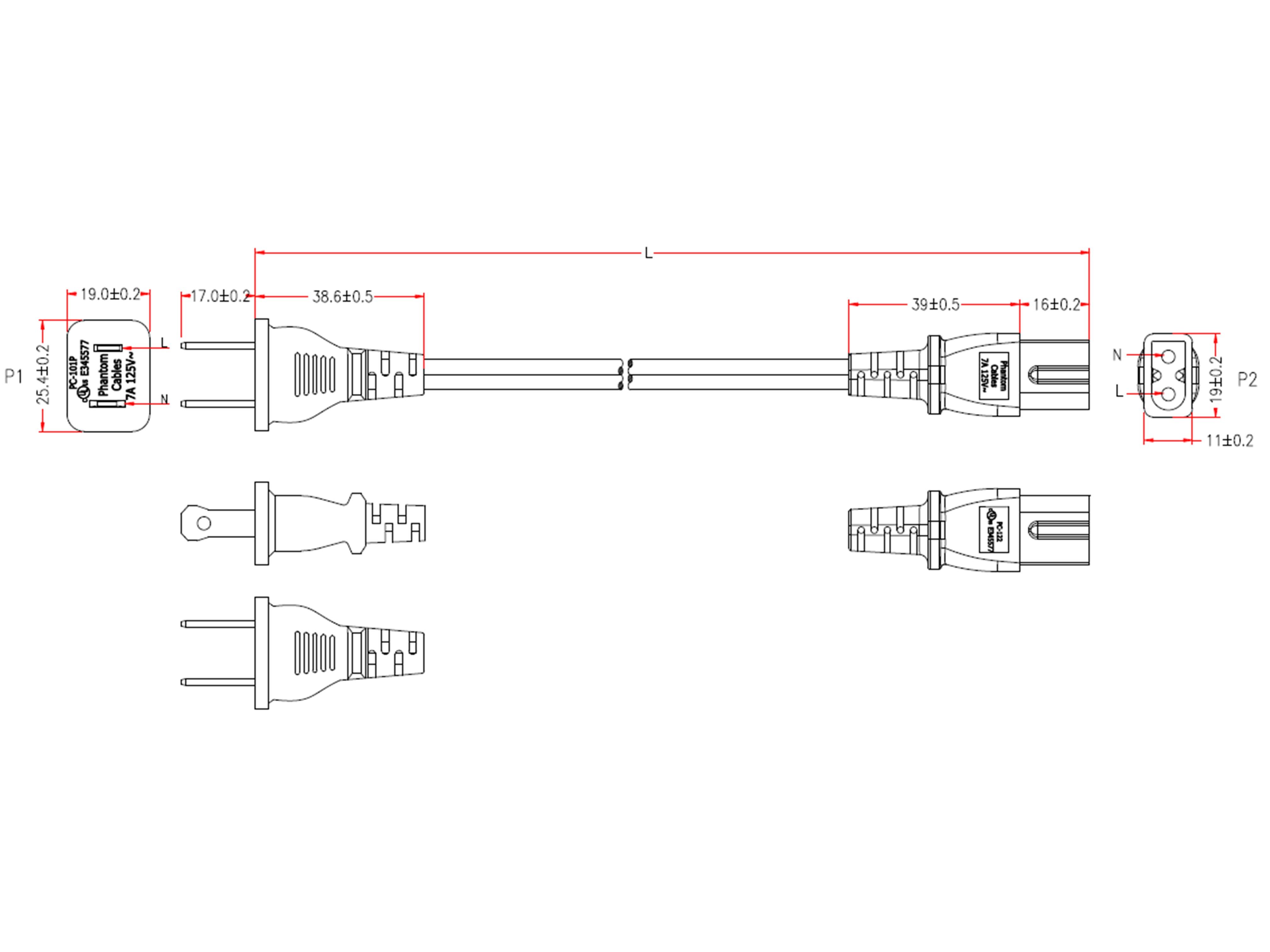 NEMA 1-15P to IEC C7 Polarized Power Cable - 18AWG - SPT-2