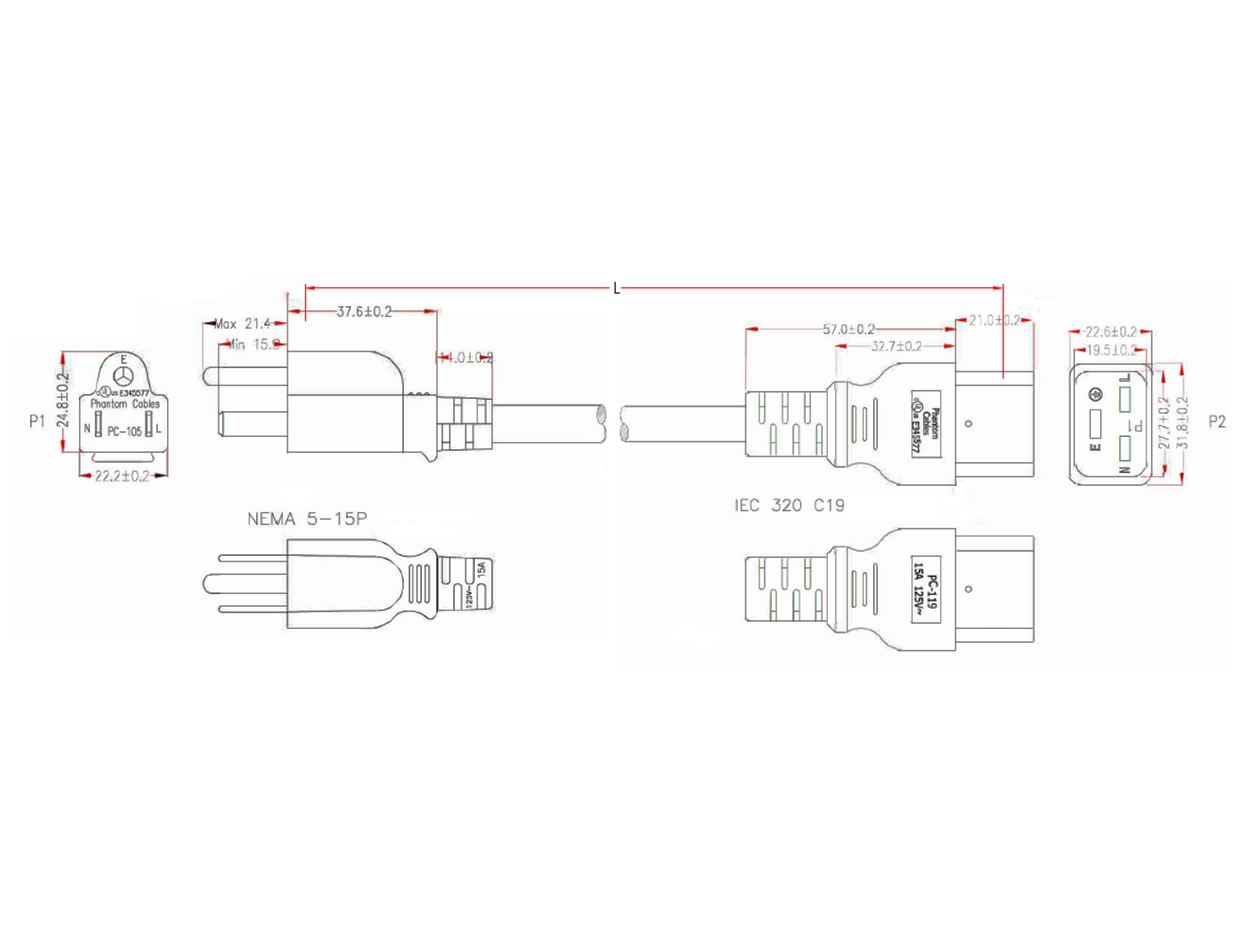 NEMA 5-15P to IEC C19 Power Cable - SJT Jacket