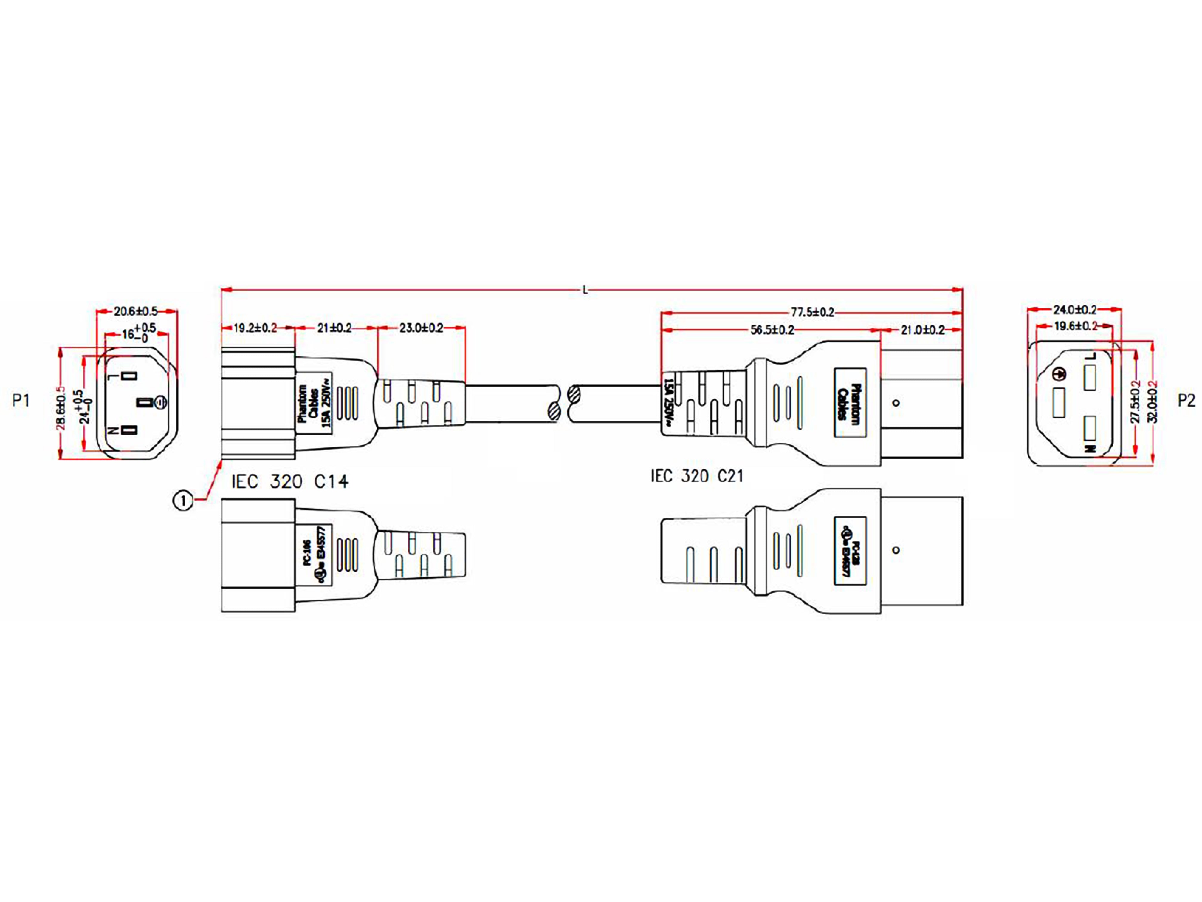 IEC C14 to IEC C21 Power Cable - SJT Jacket