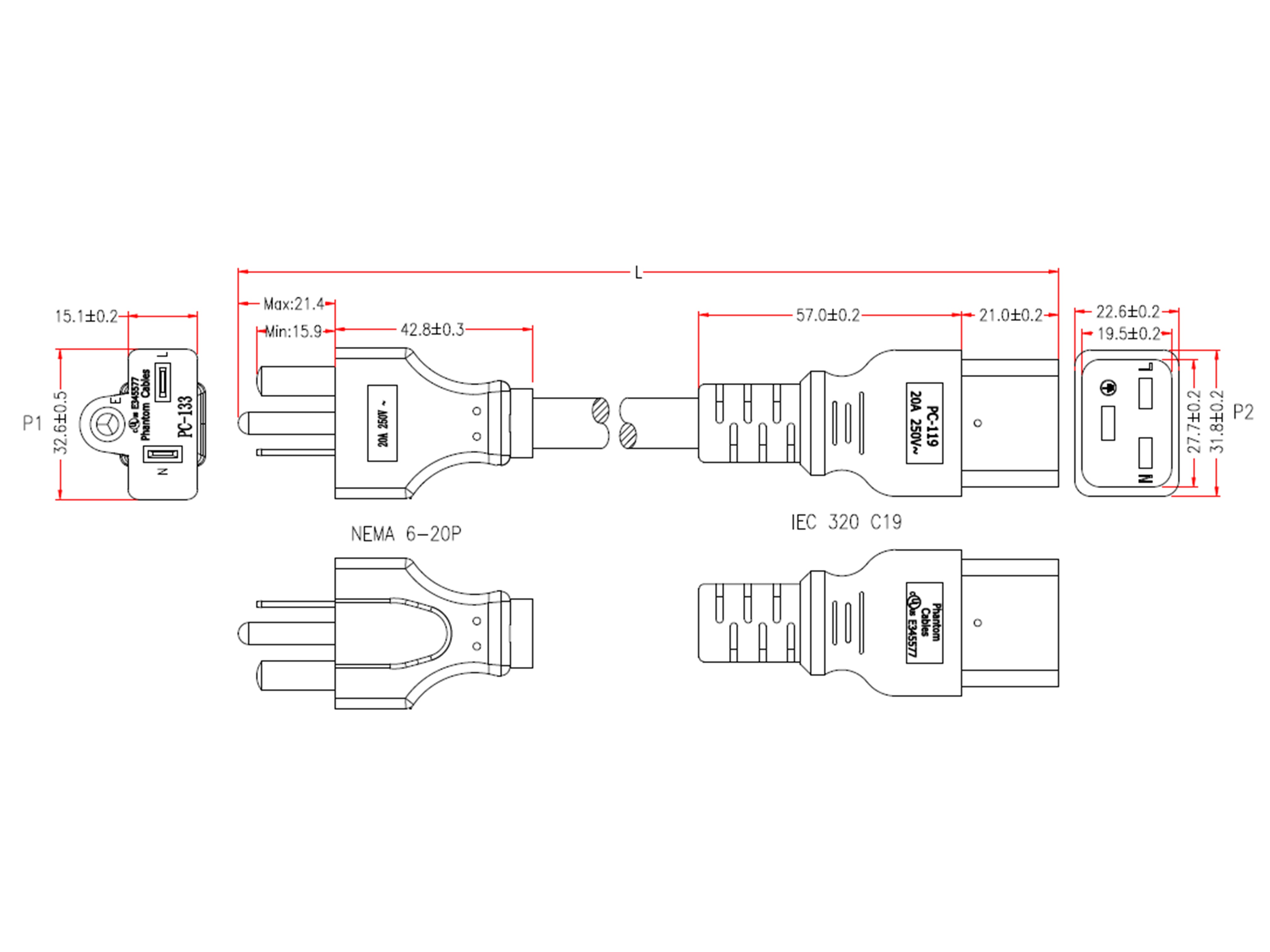 NEMA 6-20P to IEC C19 Power Cable - SJT Jacket