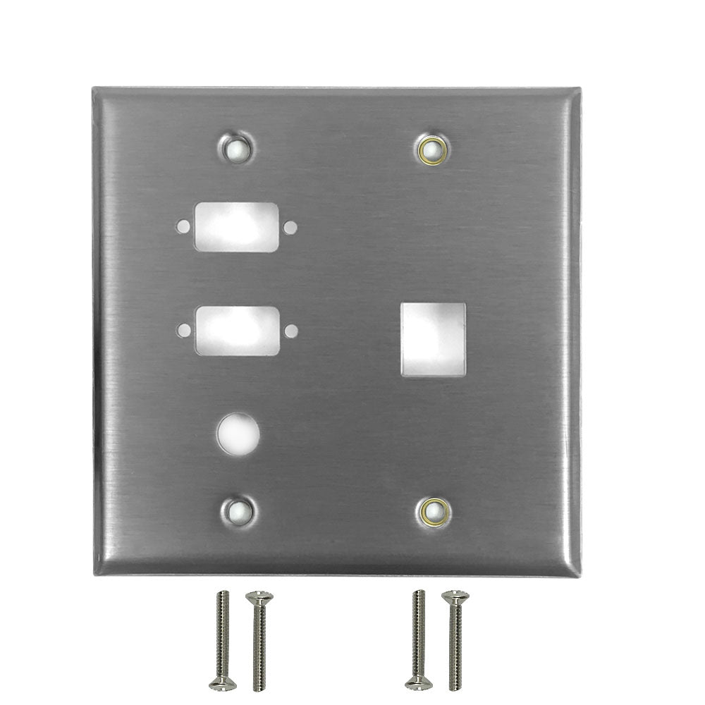 Double Gang - 2x ICDB Cutout - 1x 3/8 inch Hole - 1x Keystone - Stainless Steel Wall Plate