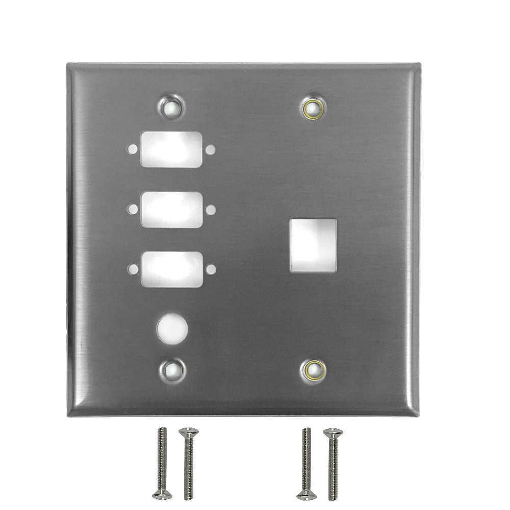 Double Gang - 3x ICDB Cutout - 1x 3/8 inch Hole - 1x Keystone - Stainless Steel Wall Plate