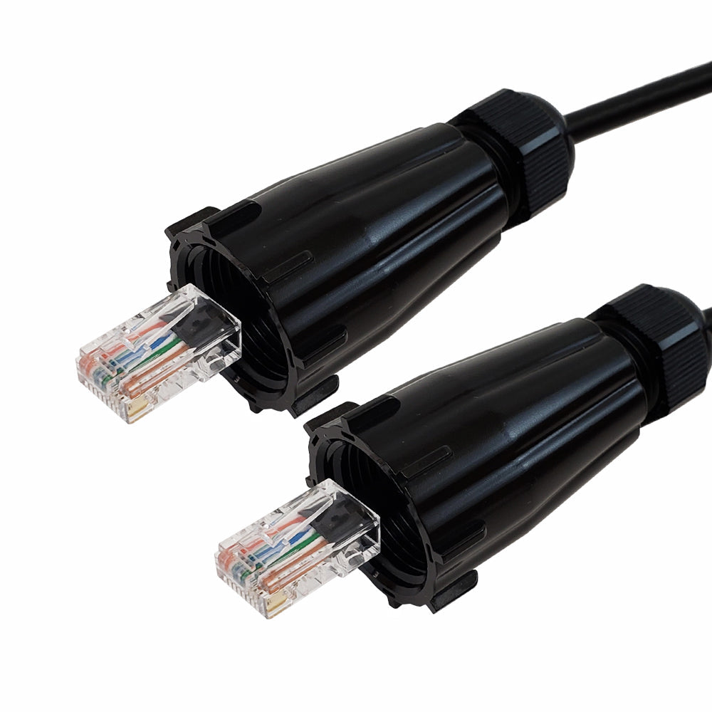 RJ45 Male with IP68 Shroud to RJ45 Male with IP68 Shroud CAT5E UTP Outdoor UV / Direct Burial Patch Cable - Black