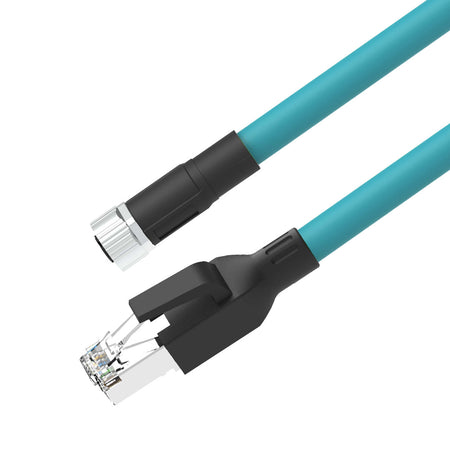M12 4-pin D-Code Female to RJ45 CAT5E SF/UTP PUR Jacket Drag Chain Cable - TEAL