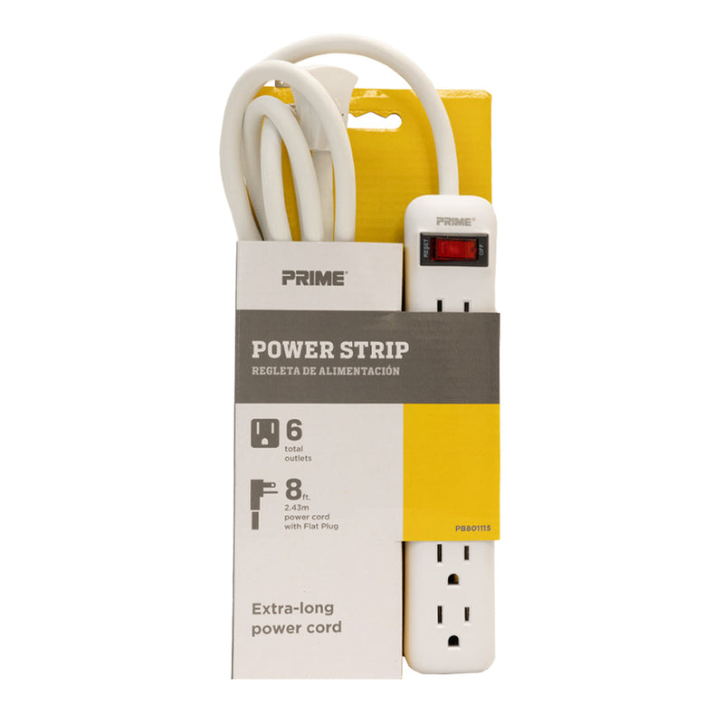 6 Outlet Power Strip - 8ft Cord, Down Angle Plug - White