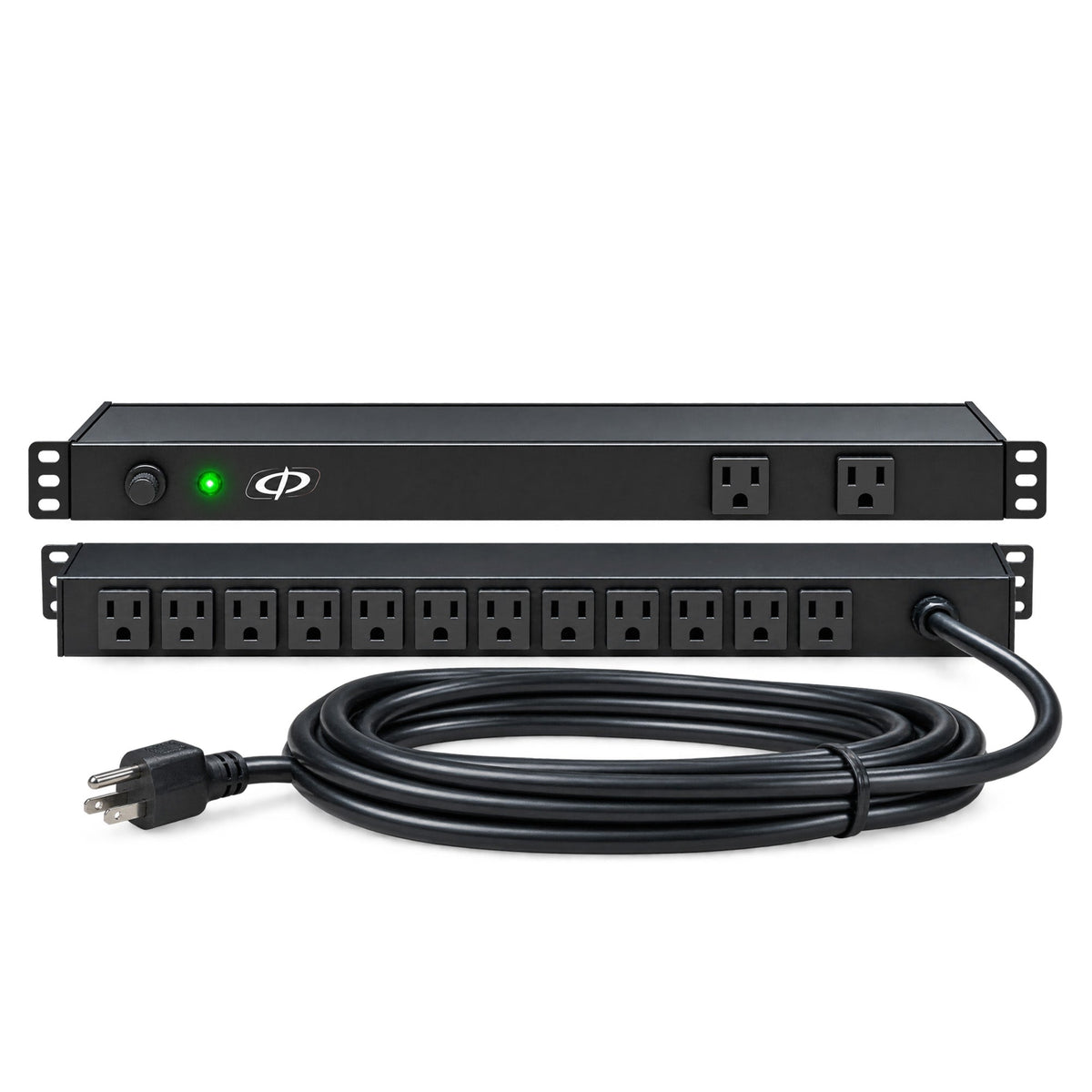 19 Inch Horizontal Rack Mount PDU 12x5-15R Rear 2x5-15R Front With Load Reset & 15ft Cord