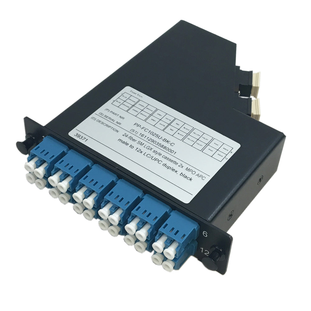 24-Fiber Singlemode LGX Style Cassette 2x MPO Male to 12x LC/UPC Duplex