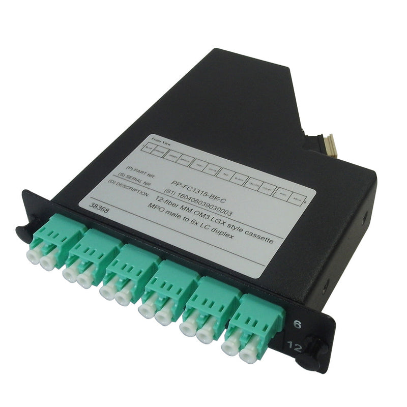 12-Fiber Multimode OM3 LGX Style Cassette MPO Male to 6x LC Duplex