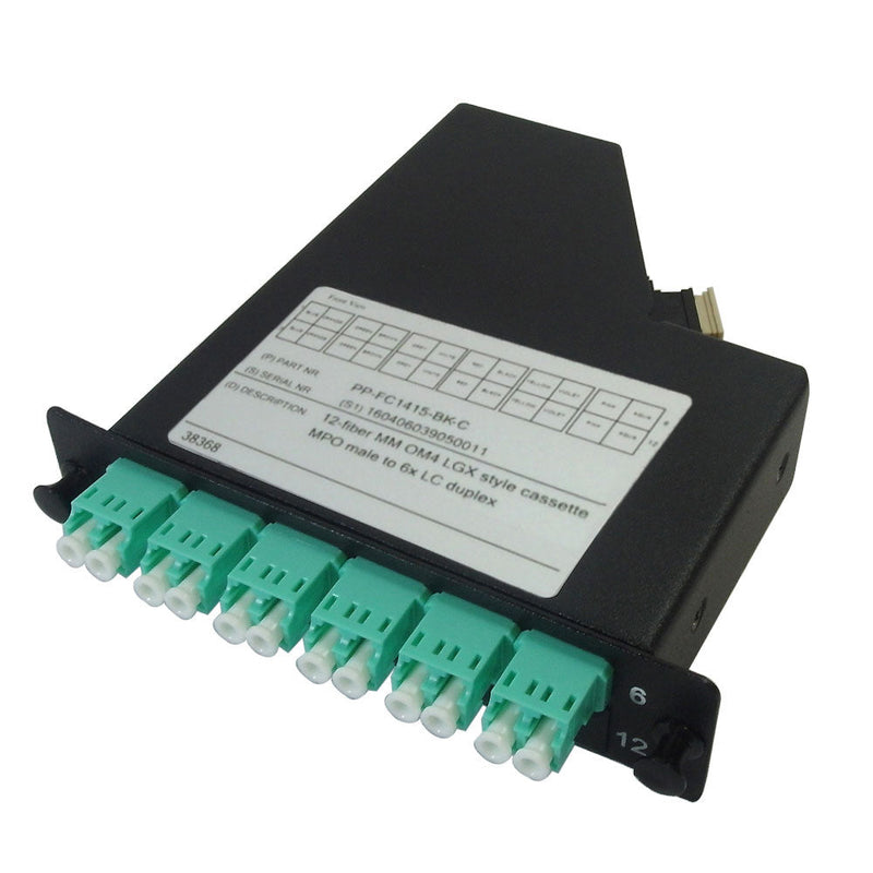 12-Fiber Multimode OM4 LGX Style Cassette MPO Male to 6x LC Duplex