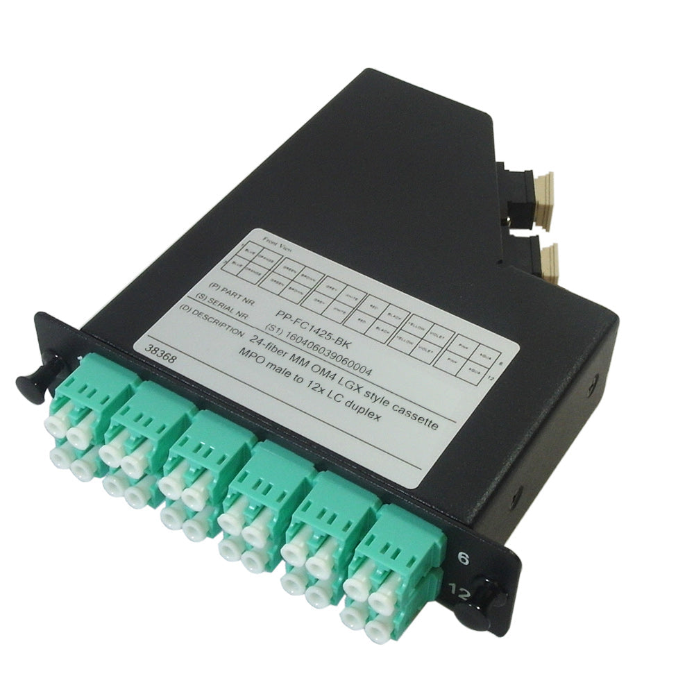 24-Fiber Multimode OM4 LGX Style Cassette 2x MPO Male to 12x LC Duplex