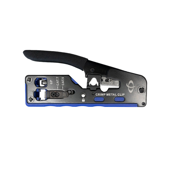 Ratcheting Crimp Tool for RJ11, RJ12, RJ45 and RJ45 Shielded Plugs with External Strain Relief