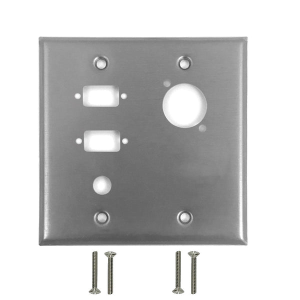 Double Gang - 2x ICDB Cutout  - 1x 3/8 inch Hole - 1x D-Cut - Stainless Steel Wall Plate