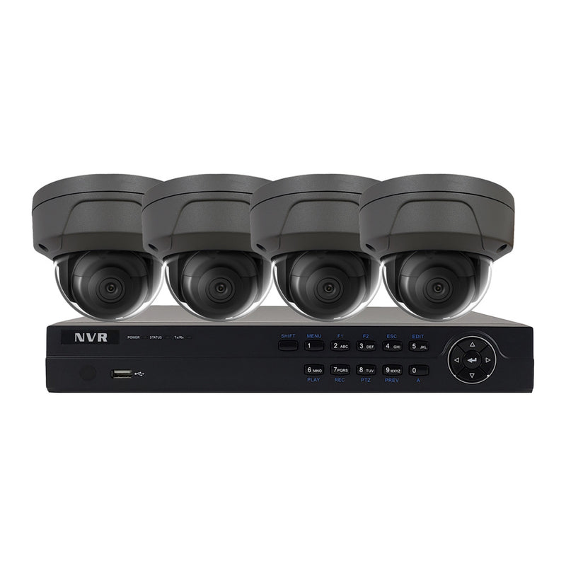 4-Channel IP NVR with 4K Resolution, Integrated PoE Ports, 2TB Purple Surveillance Grade Hard Drive, 4x 8MP Dome IP Cameras 30m IR Range IP67 Rate Fixed 2.8mm Lens Grey - Security Camera Package