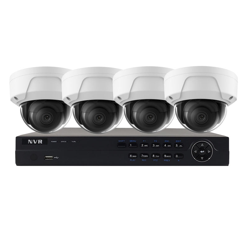 4-Channel IP NVR with 4K Resolution, Integrated PoE Ports, 2TB Purple Surveillance Grade Hard Drive, 4x 8MP Dome IP Cameras 30m IR Range IP67 Rate (3x fixed 2.8mm lens and 1x fixed 6mm lens) White - Security Camera Package