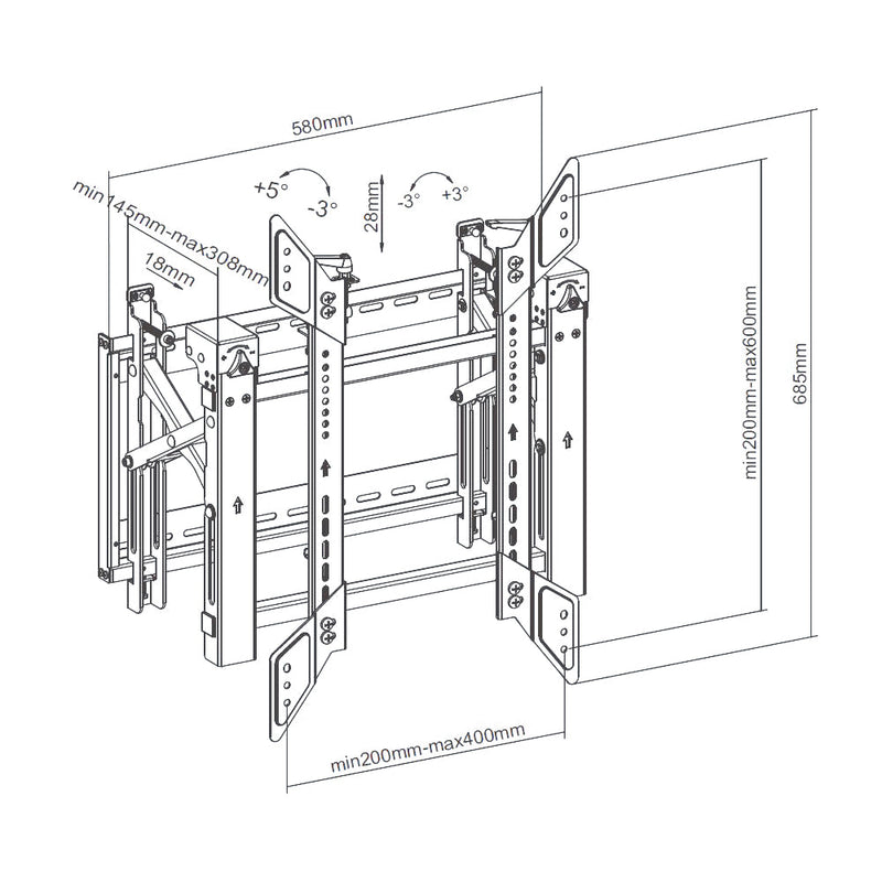 Video Wall Portrait TV Mount Bracket, Fully Adjustable Fits Sizes 45-70 inches - Maximum VESA 600x400