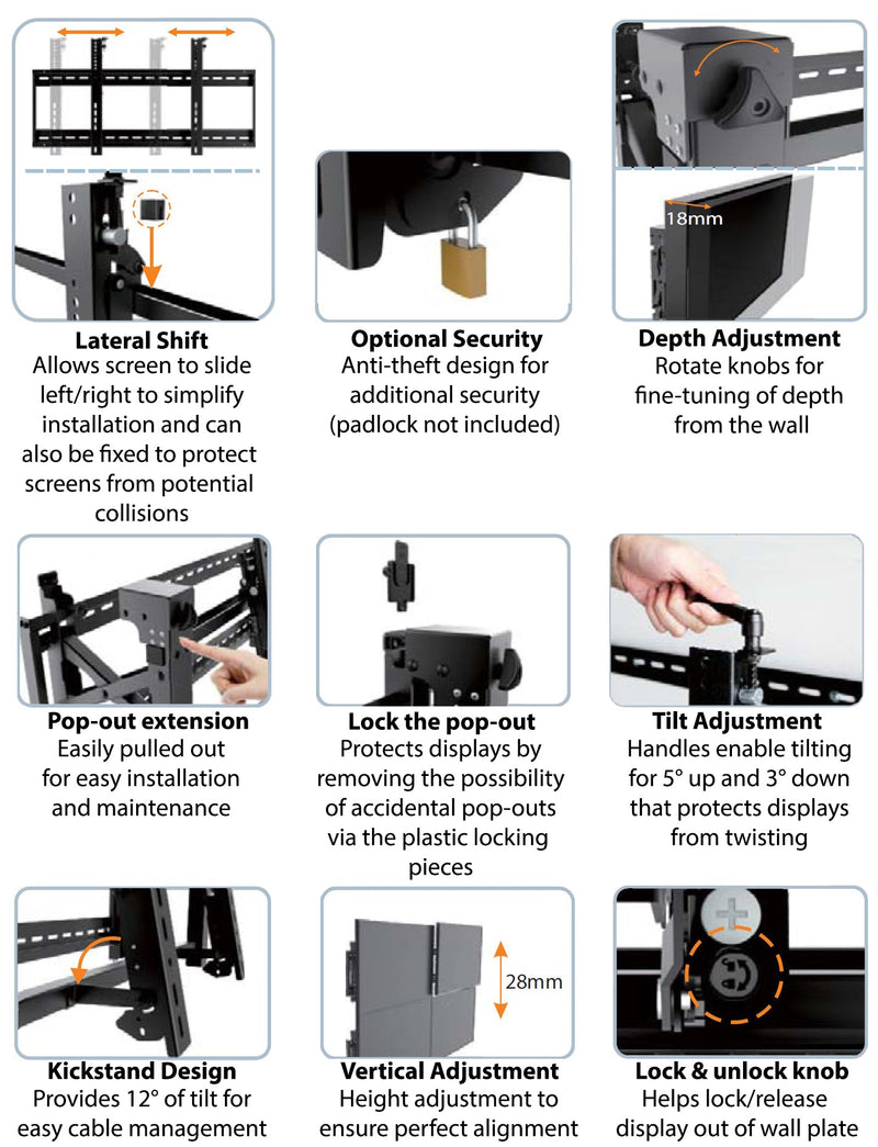 Video Wall Portrait TV Mount Bracket, Fully Adjustable - Fits Sizes 45-70 inches - Maximum VESA 600x400