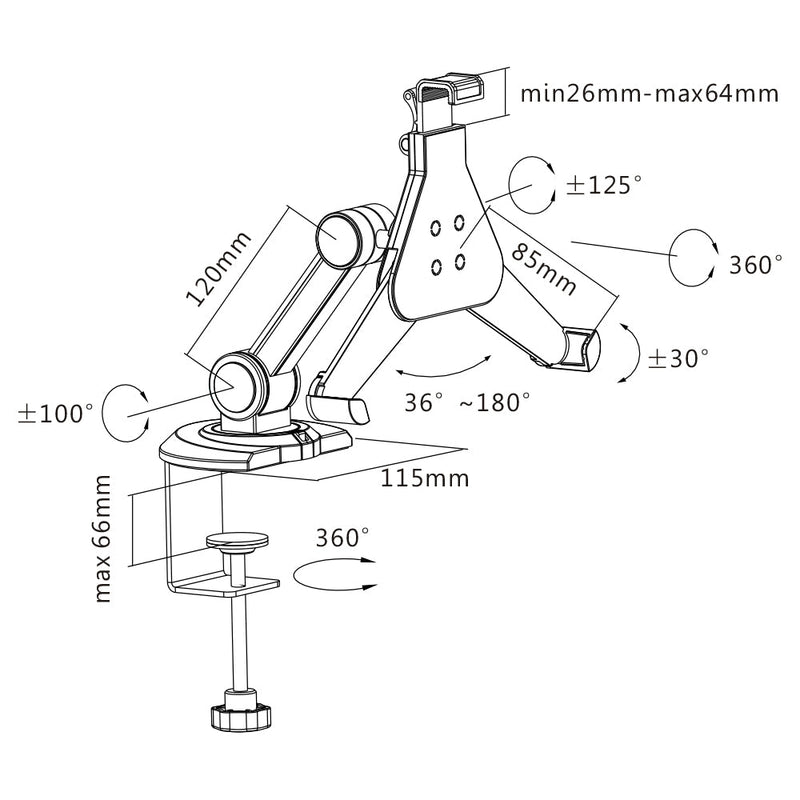 Tablet Mount Single Arm Clamp for iPad and 8.9 inch-10.4 inch Tablets - Black