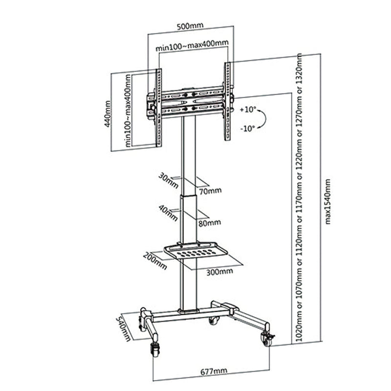 TV Cart with Shelf - Tilt, Adjustable Height - Fits Sizes 32-55 inches, Maximum VESA 400x400