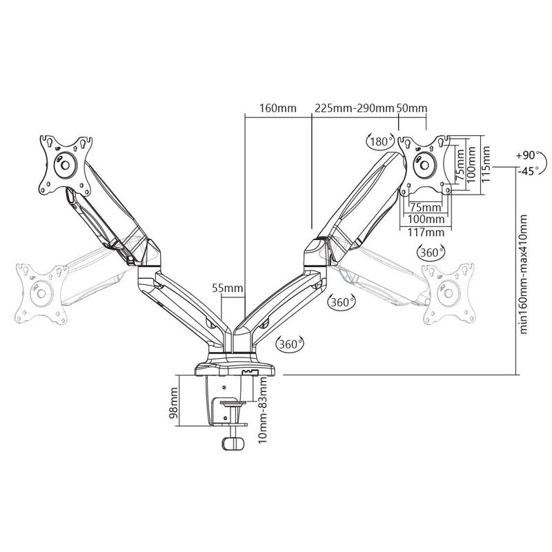 Desktop Display Mount, Full Motion, Dual Screen, VESA 100x100 (13-27 inch)