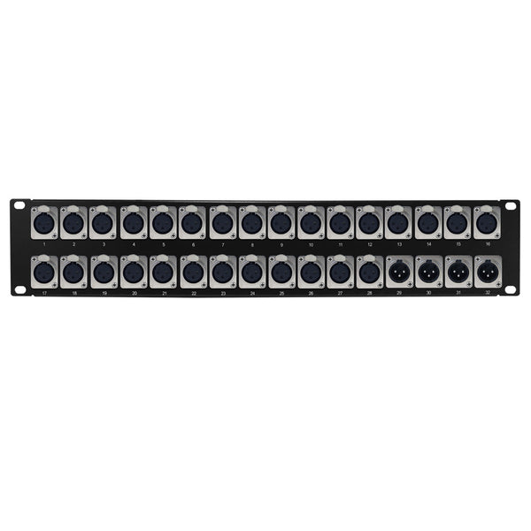 28-Port Female + 4-port XLR Male patch panel, 19 inch rackmount 2U