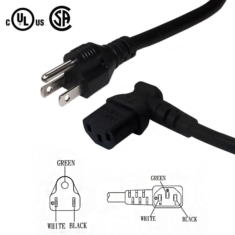 NEMA 5-15P to IEC C13 Right Angle Power Cable - SJT