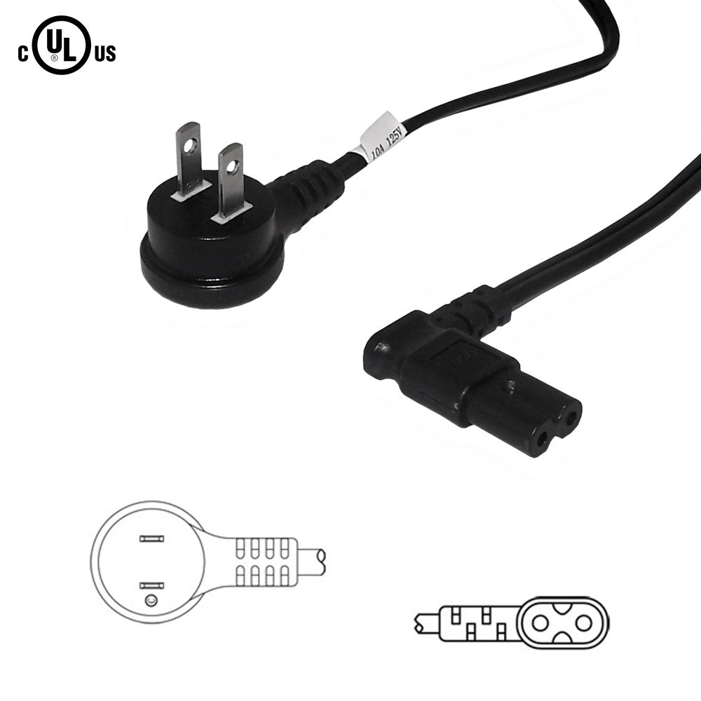 NEMA 1-15P Down Angle to IEC C7 Non-Polarized Right Angle Power Cable - 18AWG  - SPT-2