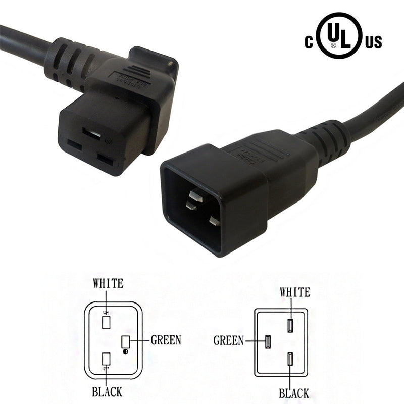 12ft C19 Right Angle to IEC C20 Power Cable SJT - 12AWG 20A 250V