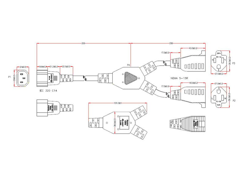 1ft IEC C14 to 2x NEMA 5-15R Power Splitter Cable - 16AWG (13A 125V) - SJT