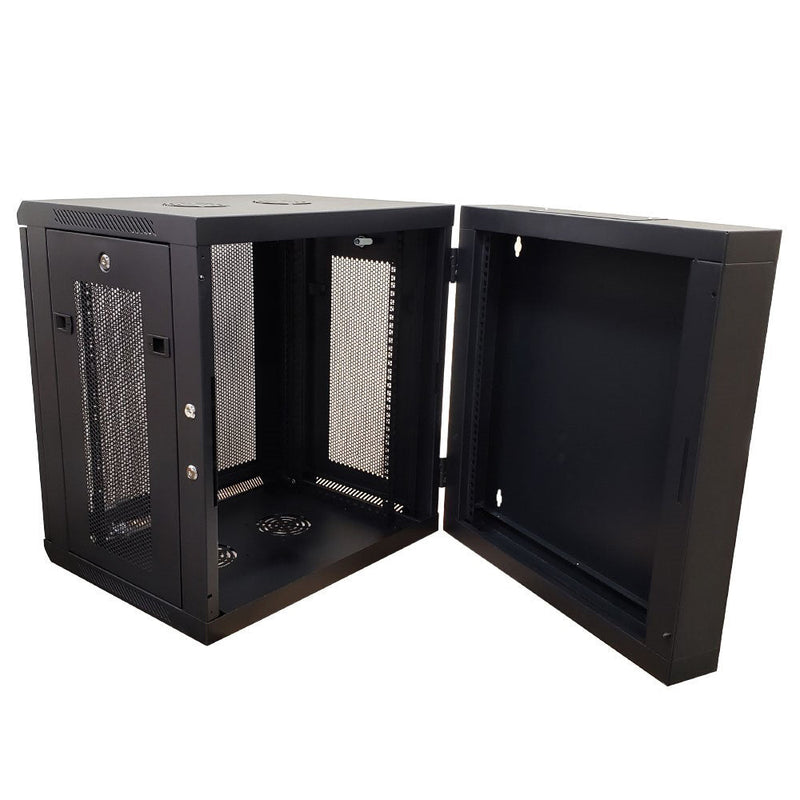 Wall Mount Swing Cabinet 12U x 18.5" Usable Depth - Perforated Doors - Black