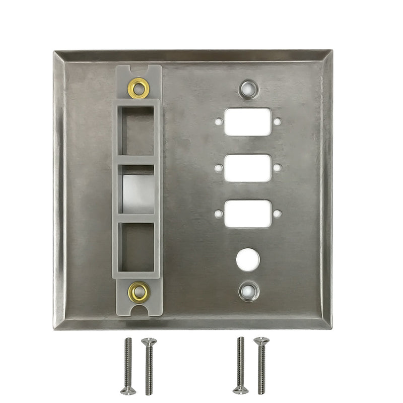 Double Gang, 3-Port DB9 size cutout , 3/8 inch hole, 1 x Keystone Stainless Steel Wall Plate