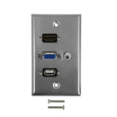 VGA, 3.5mm, HDMI, USB Single Gang Wall Plate Kit - Stainless Steel