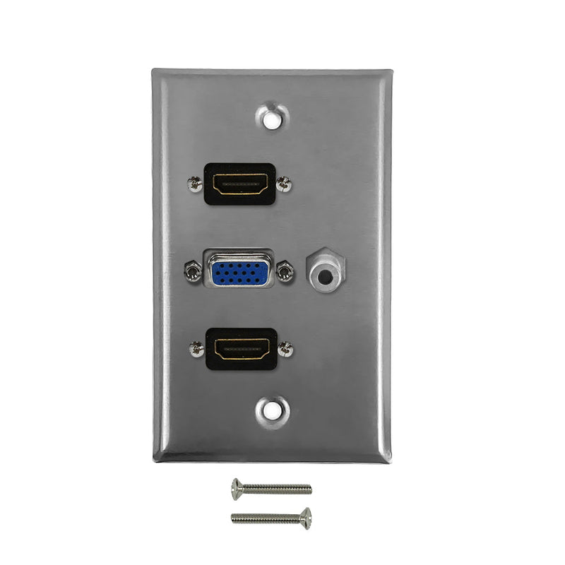 VGA, 3.5mm, 2x HDMI Single Gang Wall Plate Kit - Stainless Steel