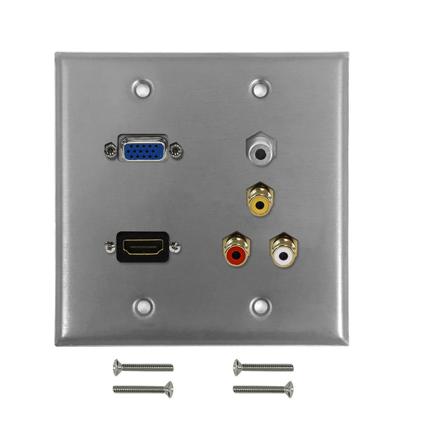 VGA, HDMI, 3.5mm RCA Composite + Left/Right Audio Double Gang Wall Plate Kit - Stainless Steel